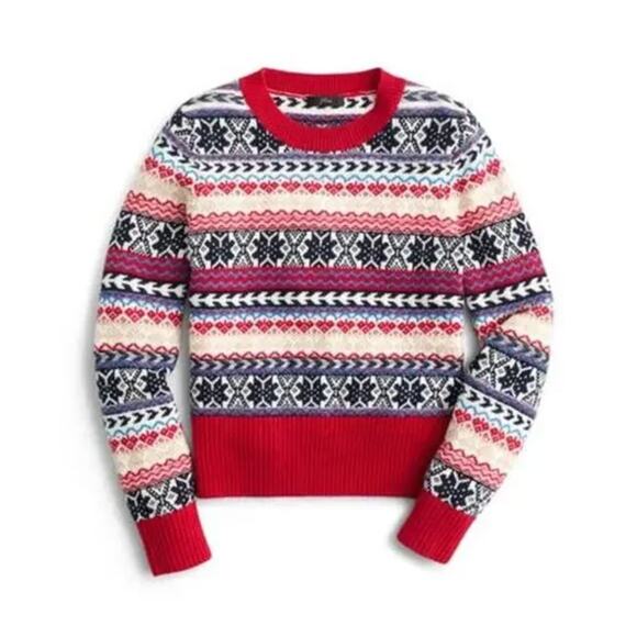JCrew Fair Isle Crewneck Lambs Wool Blend Sweater 2X Red Navy Winter Christmas - Picture 1 of 16
